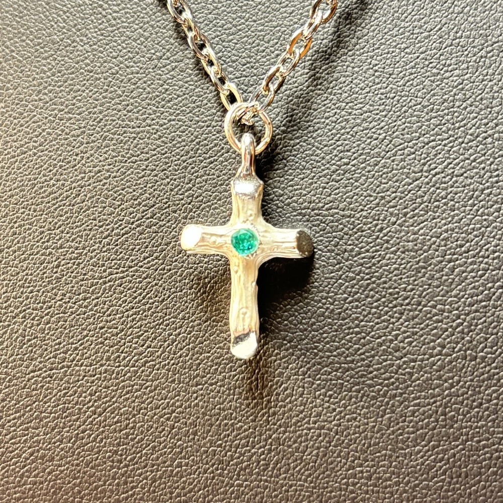 Silver Tone Cross Necklace Religious Jewelry Green Accent Stone